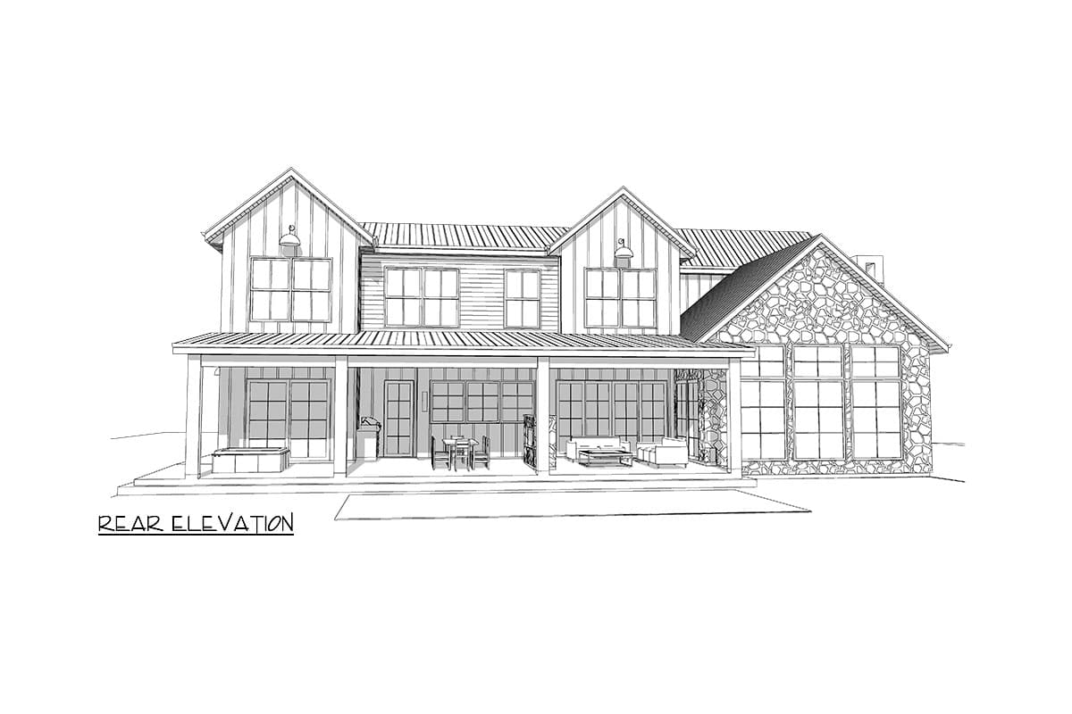 Rear elevation of a two-story Modern Farmhouse with gables, covered porch, and stone exterior accents.