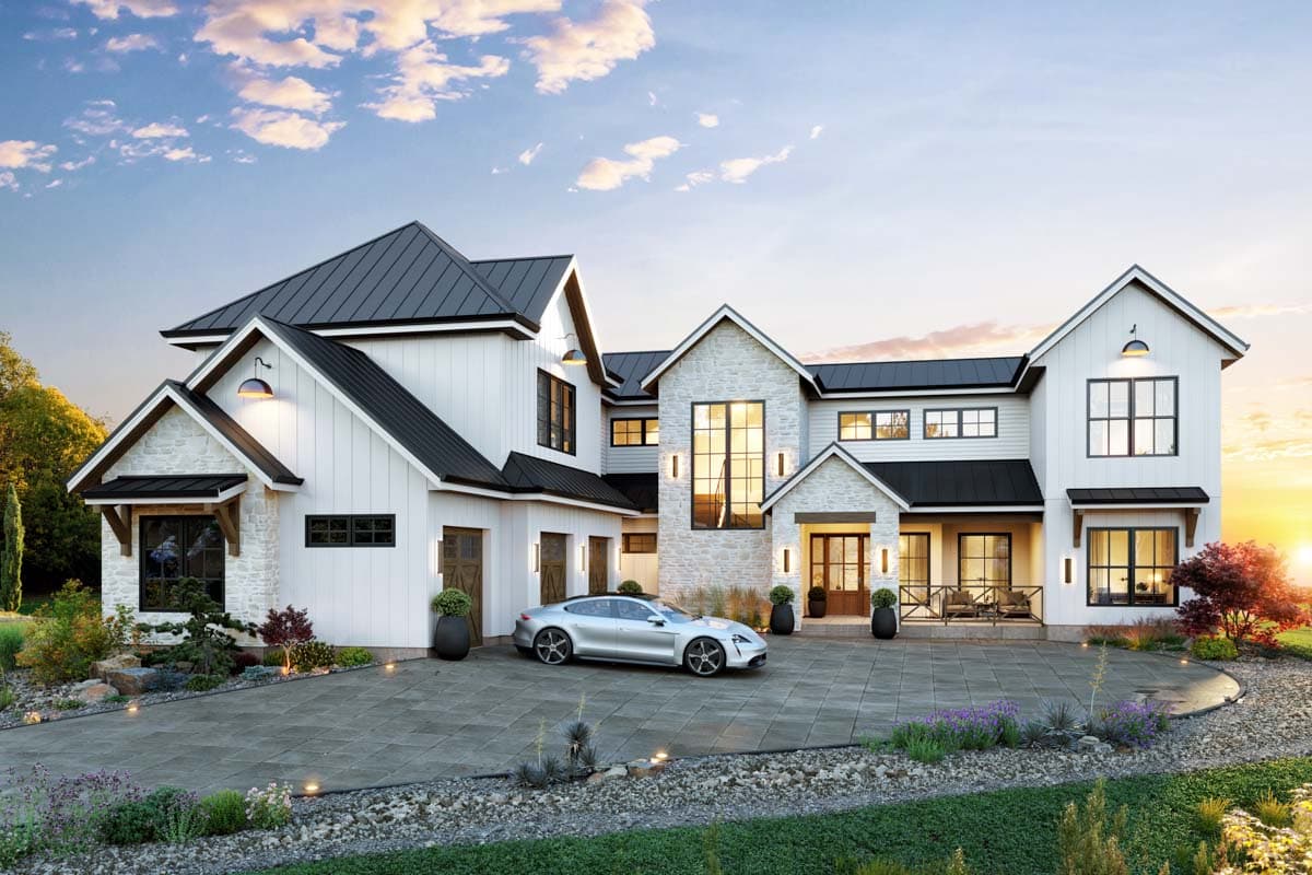 House plan exterior: Modern farmhouse style, two-story house with gabled rooflines, stone facade accents, and a front porch.