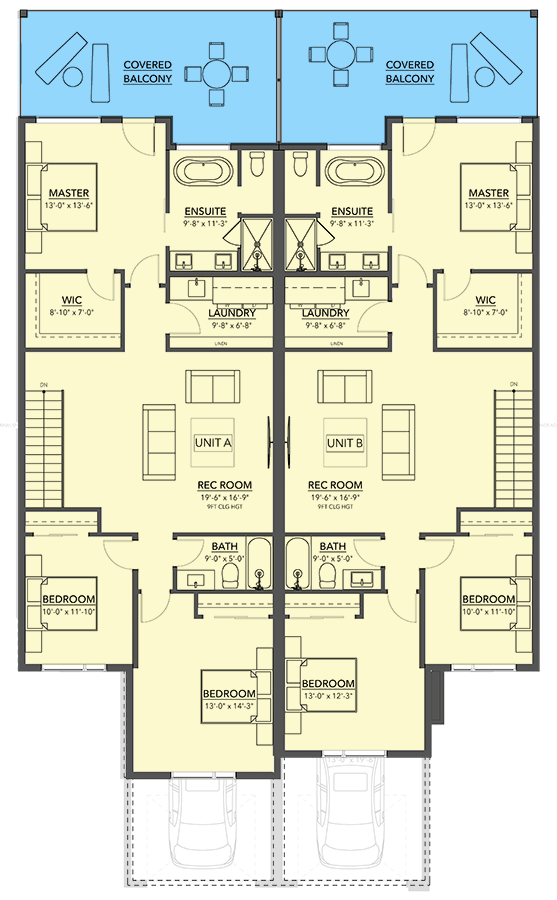 Plan 144111UPR: 2-Story Modern Duplex with Side-By-Side 3 Bed Units - 2336 Sq Ft - Floor Plan - 2nd Floor - Contemporary, Mid Century Modern, Modern