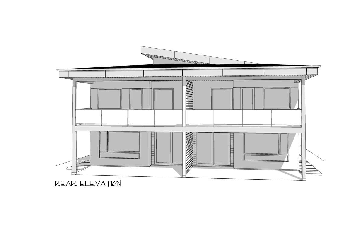 Rear elevation drawing of a two-story modern house plan with a flat roofline and multiple windows.