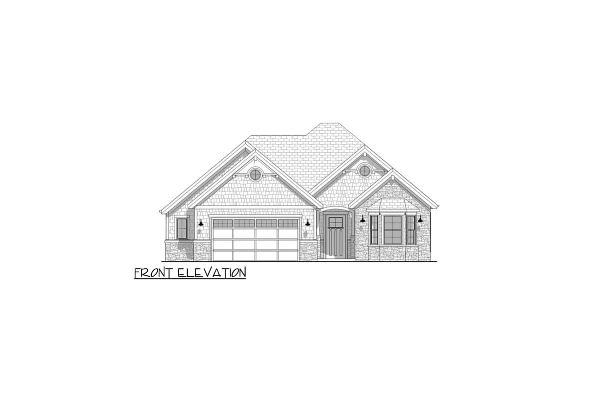 Front elevation drawing of a one-story house with a gable roof, stone accents, prominent garage, and covered entryway.