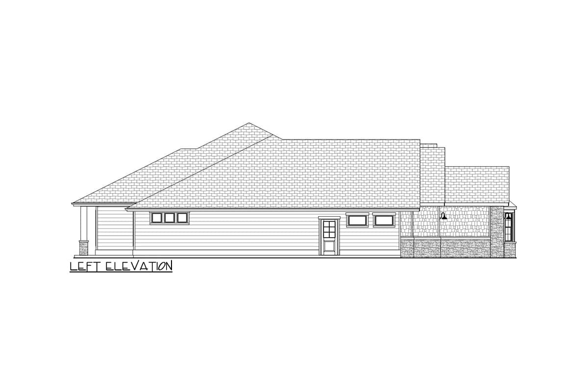 Left elevation house plan showing a single-story home with a side-entry door, multiple windows, and stone and clapboard siding.