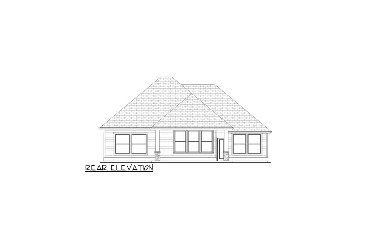 Rear elevation drawing of a one-story house with multiple windows and a pitched roofline.