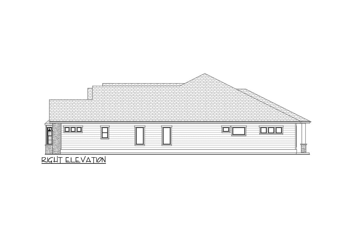 Floor plan drawing: right elevation showing horizontal siding, various window configurations, and a gabled roofline.