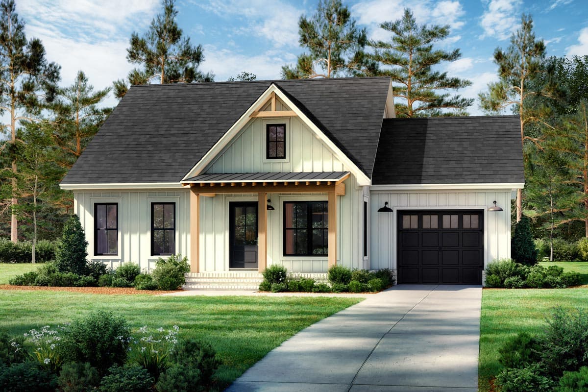 House plan exterior featuring a farmhouse style, single story, with gables and a covered porch. Includes a two-car garage.