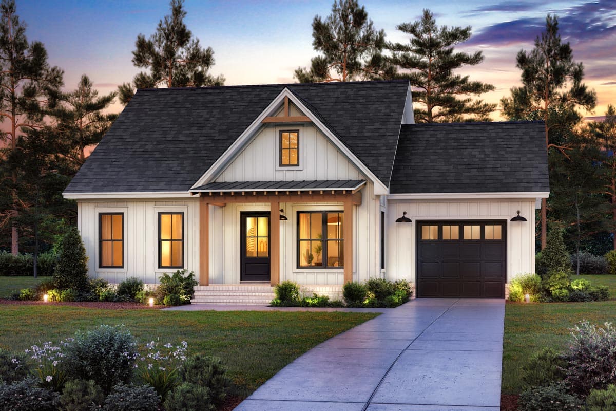 Modern Farmhouse house plan exterior featuring a gable, covered front porch with wood beams, and an attached garage.