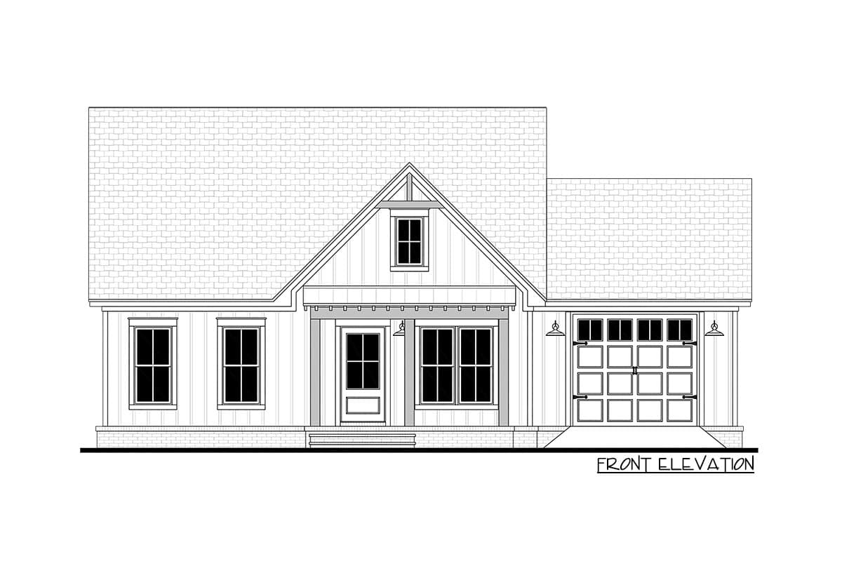 Front elevation drawing of a one-story house plan with a gabled front, porch, and attached two-car garage.