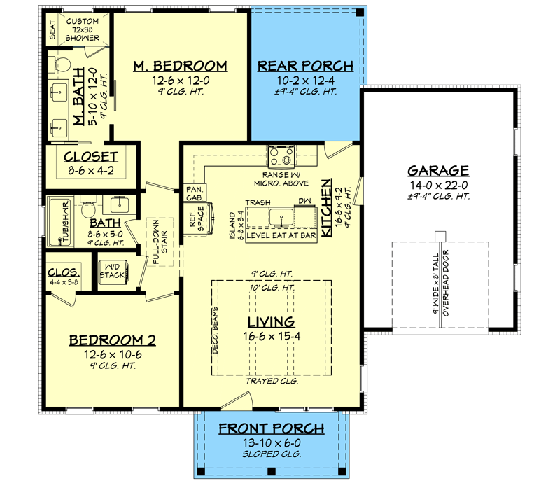Plan 51952HZ: 2-Bed Country Craftsman Cottage House Plan Under 1000 Sq Ft - Floor Plan - Main Level - Cottage, Country, Craftsman, Modern Farmhouse, New American, Traditional, Vacation