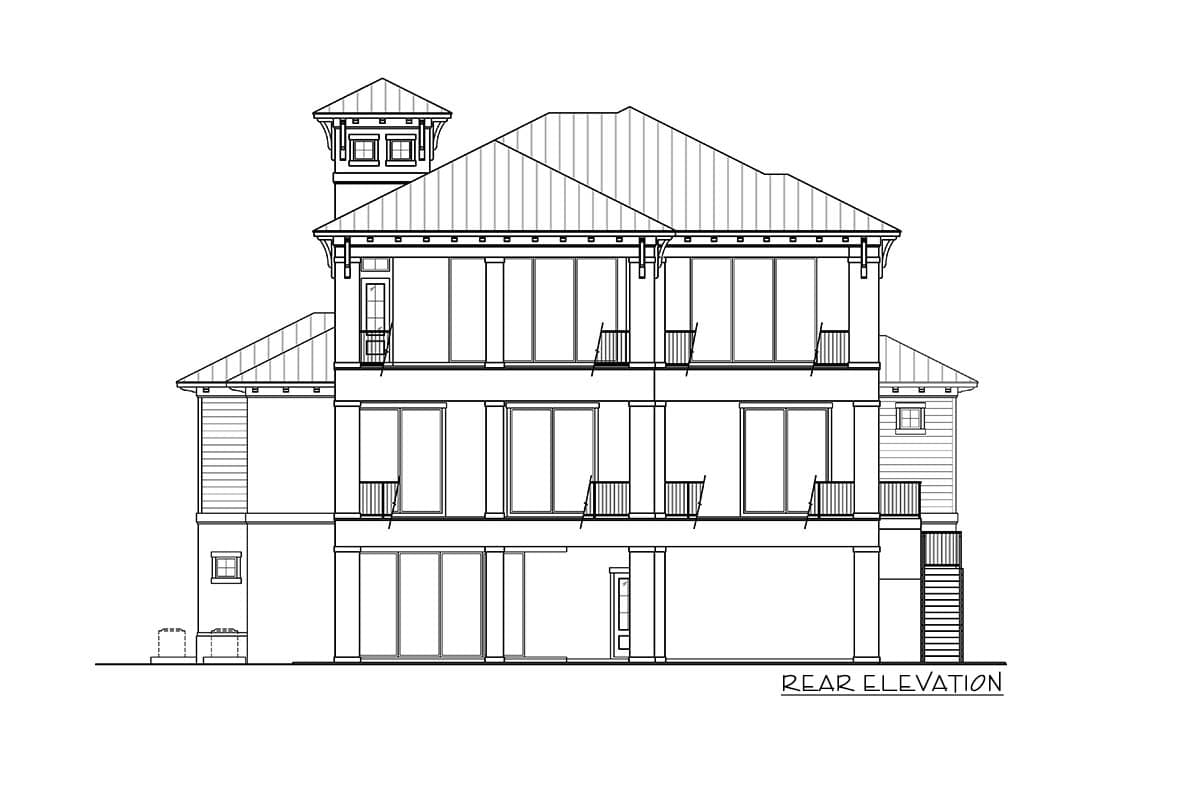 Rear elevation house plan drawing showing three stories, balconies, and a prominent hip roof with a cupola.