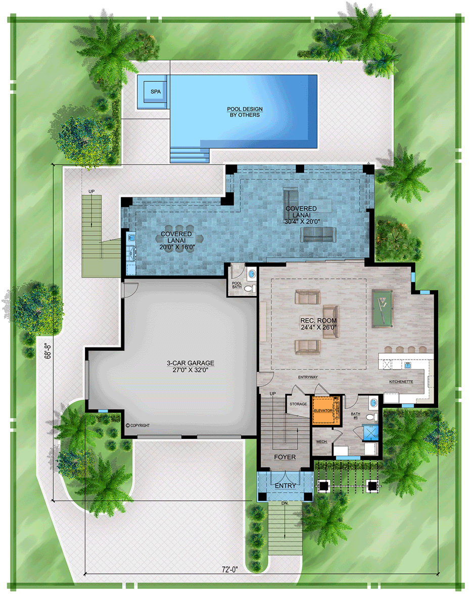 Plan 86121BW: 3-Story Contemporary Coastal House Plan with 4-Beds and Upside Down Floor Plan - 5100 Sq. Ft. - Floor Plan - Main Level - Beach, Coastal, Coastal Contemporary, Florida-Style