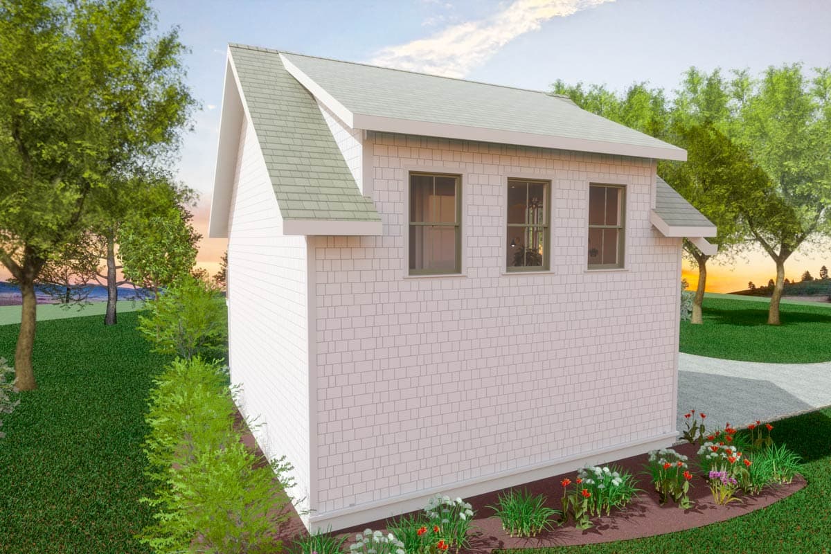 House plan exterior rendering shows a two-story building with white shingle siding, a steeply pitched gable roof, and three windows.