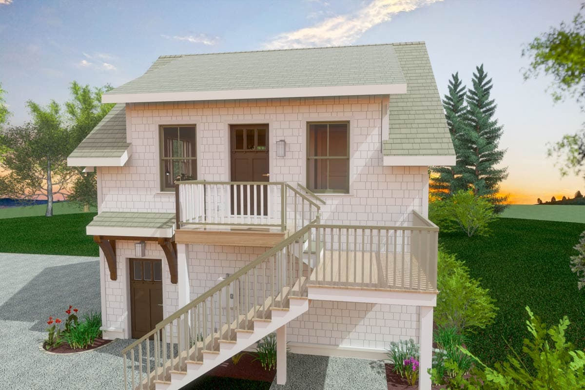 House plan exterior: two-story, shingle siding, centered upper-level entrance with railing, and exterior staircase.