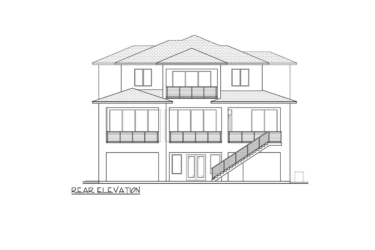 Rear elevation drawing of a two-story house plan with balconies, multiple windows, two garages, and an exterior staircase.