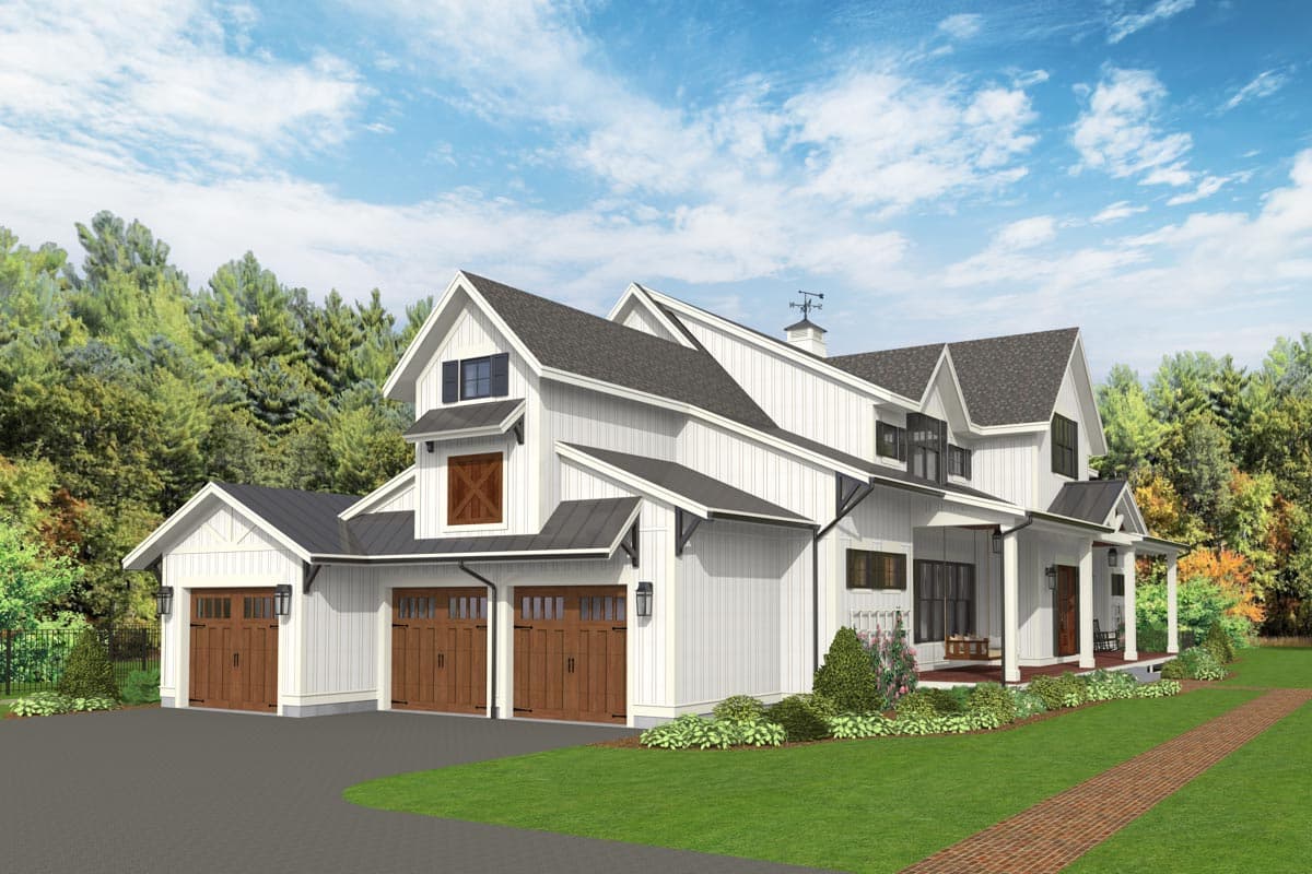 Modern Farmhouse house plan exterior with three-car garage, prominent gables, board-and-batten siding, and a wraparound porch.
