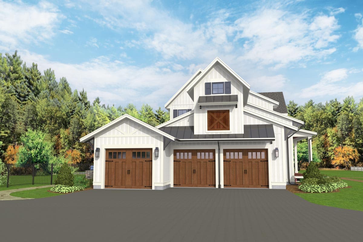 Modern Farmhouse house plan exterior with a three-car garage, board-and-batten siding, and metal roof.