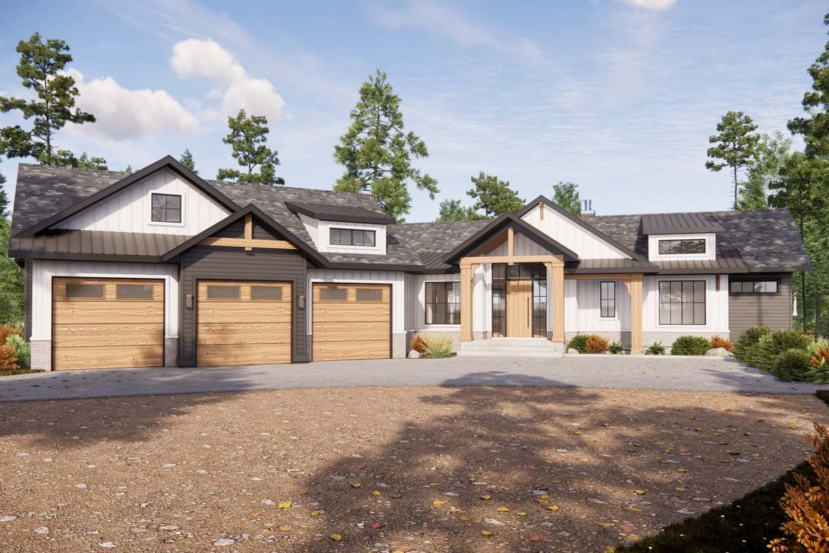 House plan exterior. Modern farmhouse style with a single story, triple garage, dormers, and a covered front entry porch.