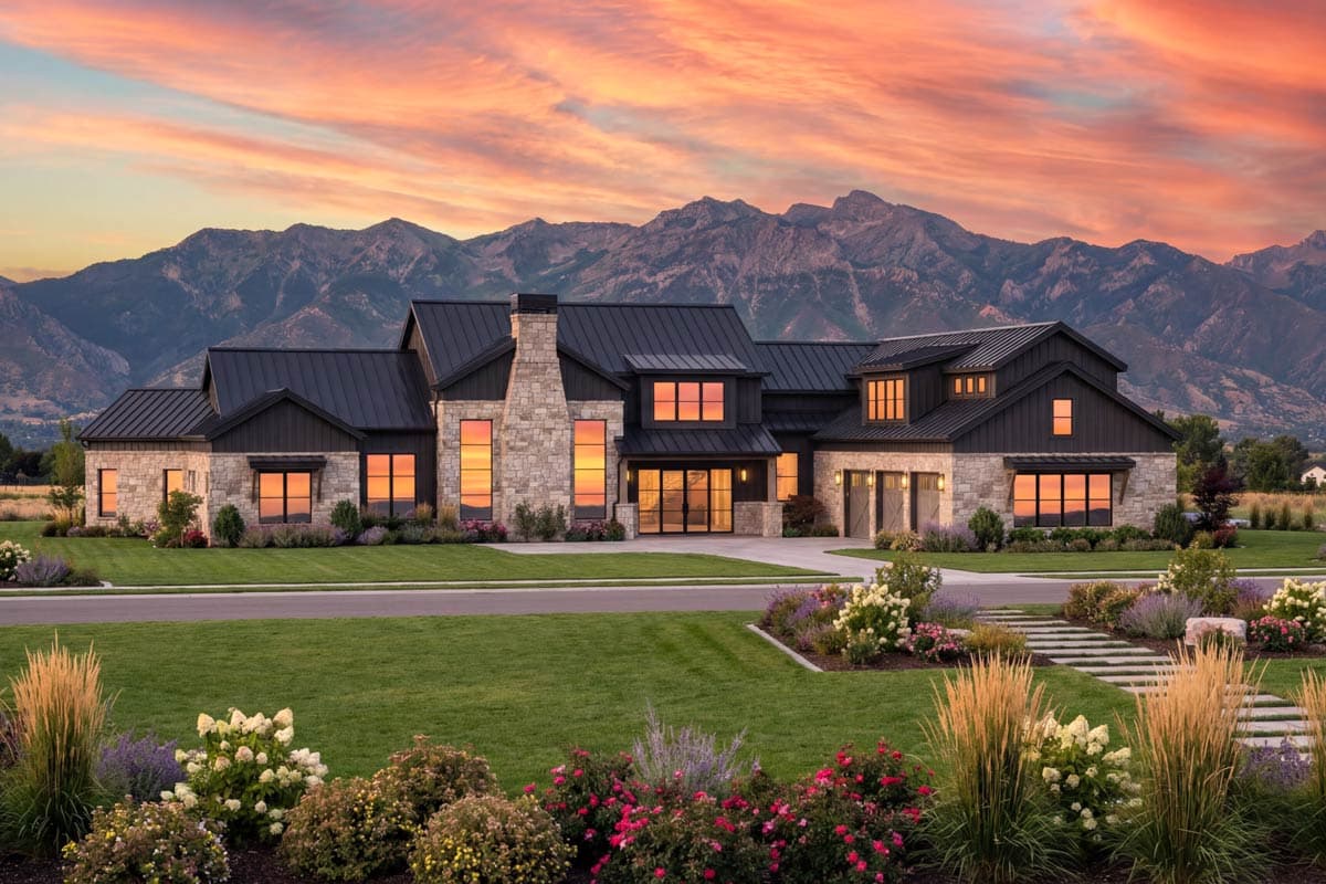 Modern Farmhouse house plan exterior with stone and dark siding, black metal roof, and multiple gables.