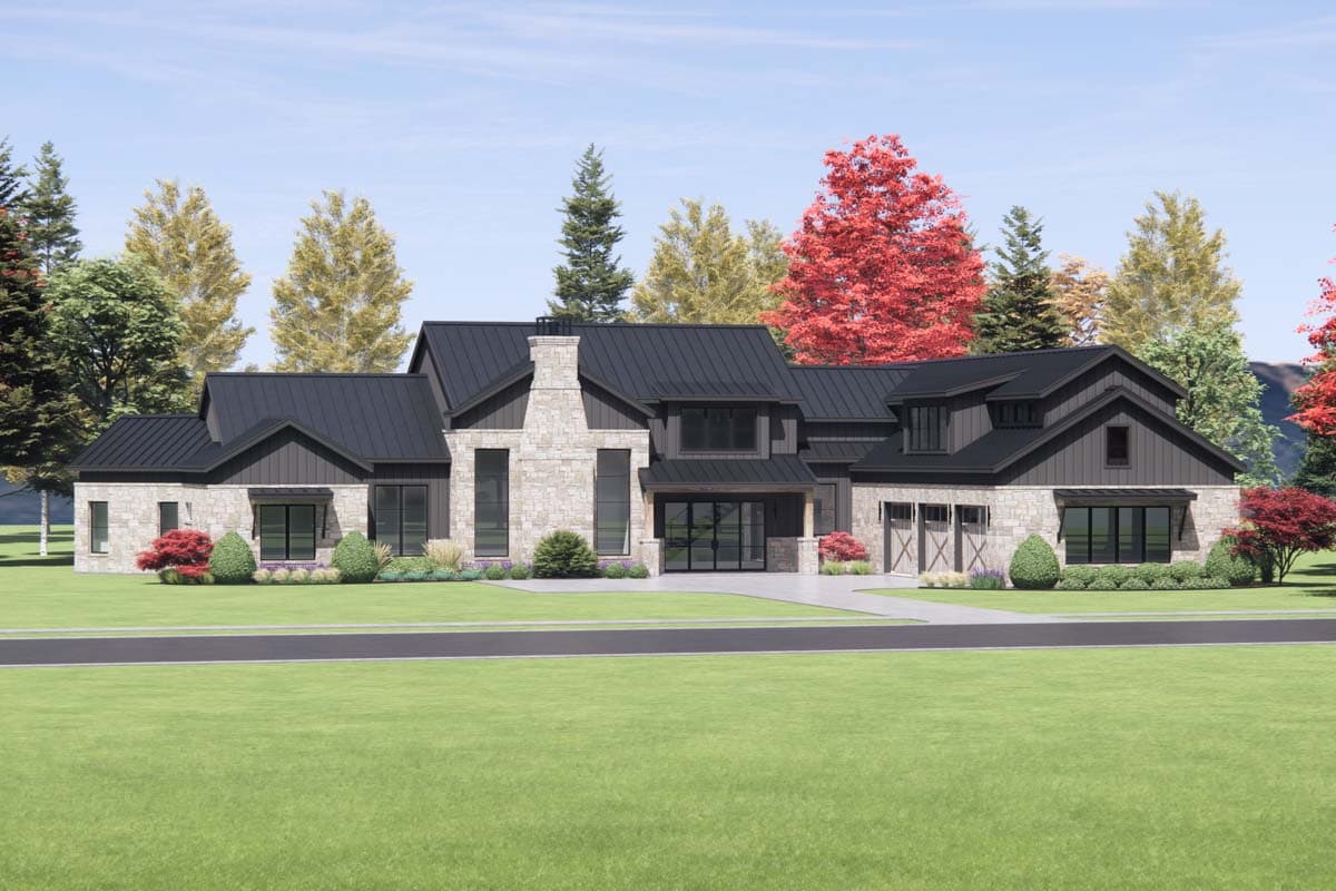 House plan exterior with stone and dark siding, metal roof, prominent stone chimney, and attached garage.