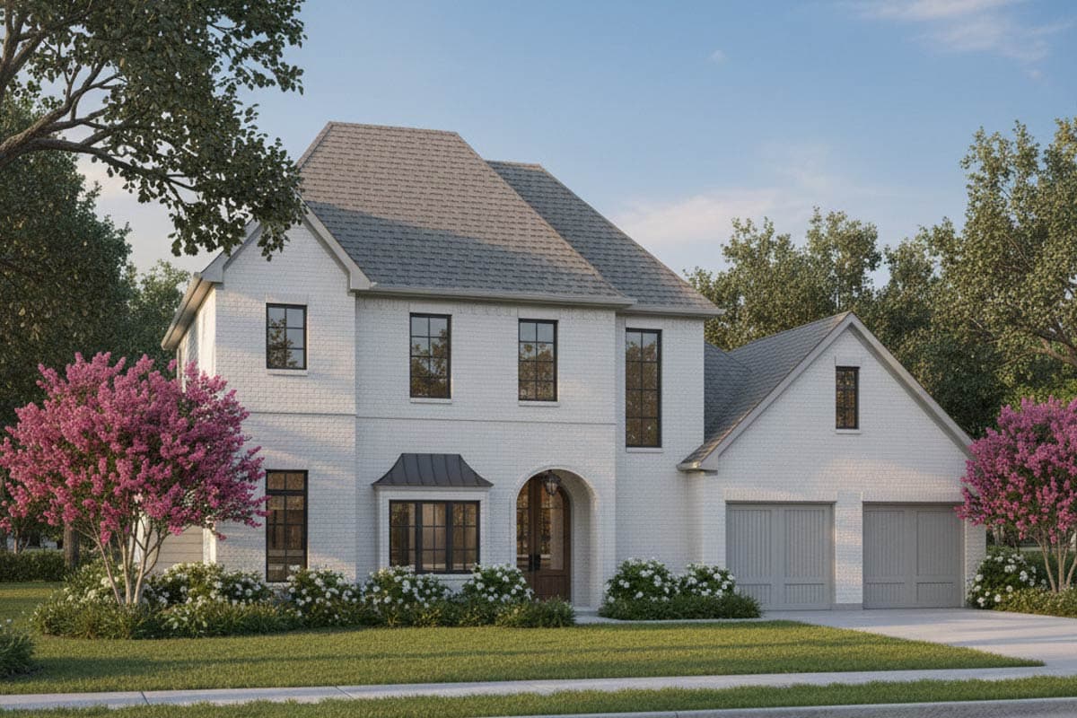 Two-story house plan exterior featuring a hipped roof, arched entryway, a detached two-car garage, and multiple gables.