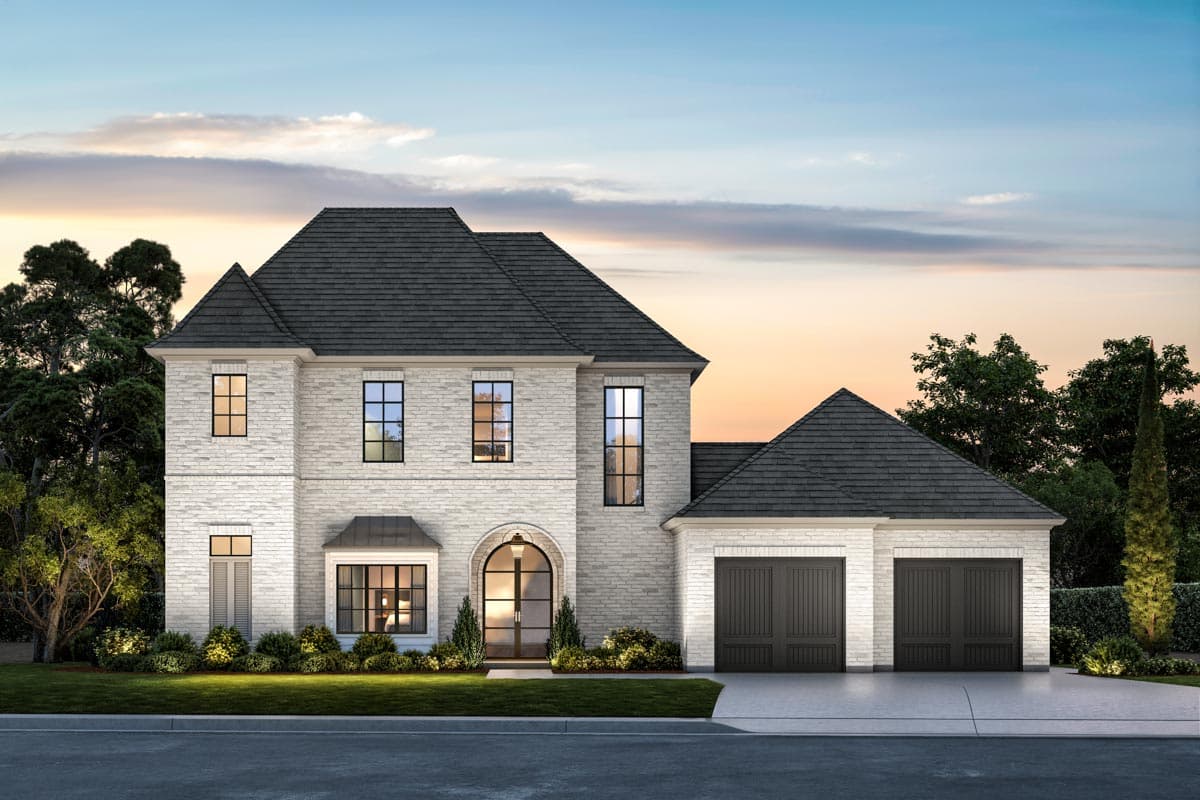 Two-story house plan exterior with white brick facade, steeply pitched roof, arched entry, and a three-car garage.