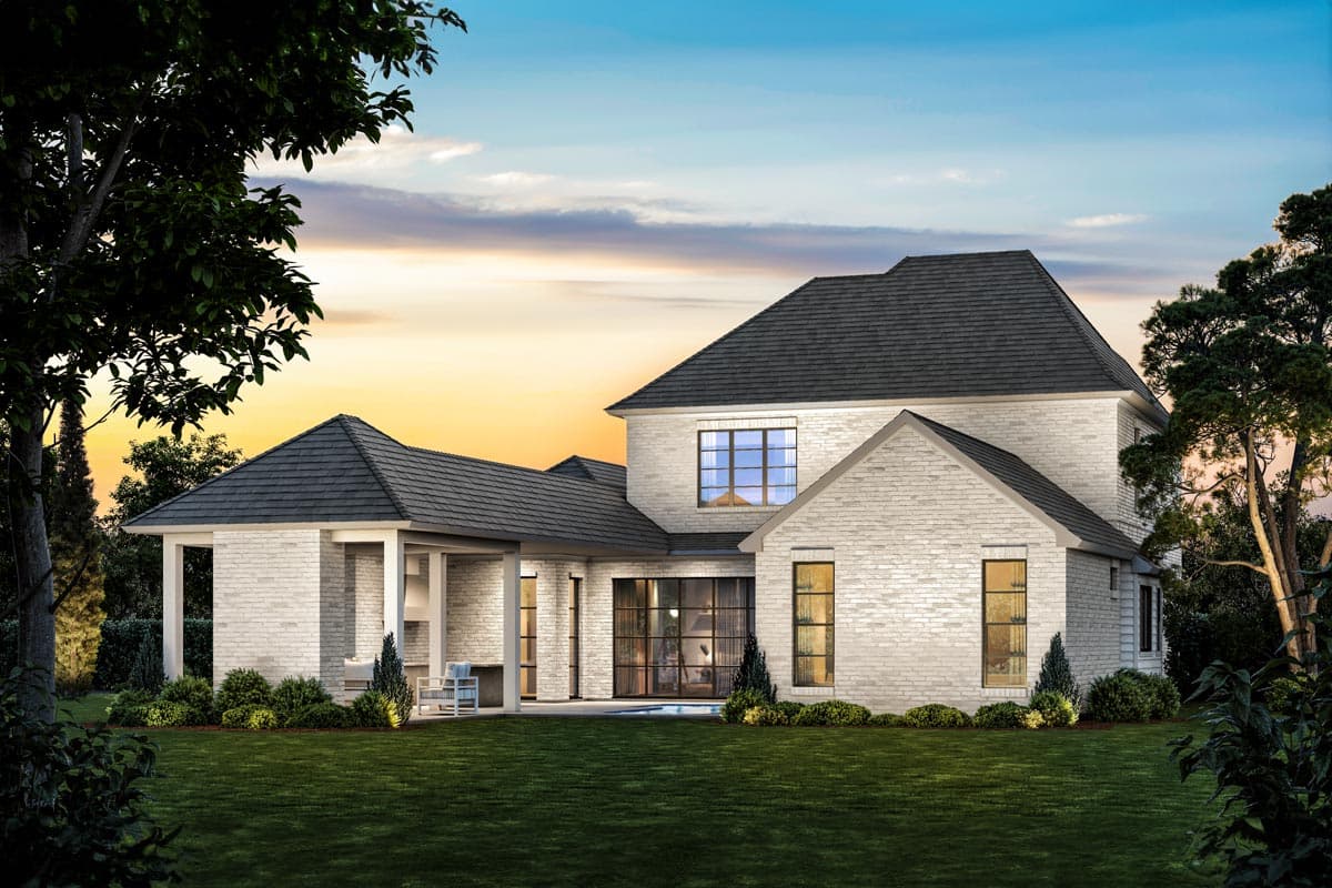 House plan exterior: Two-story modern home with white brick, dark roof, covered porch, and large windows.