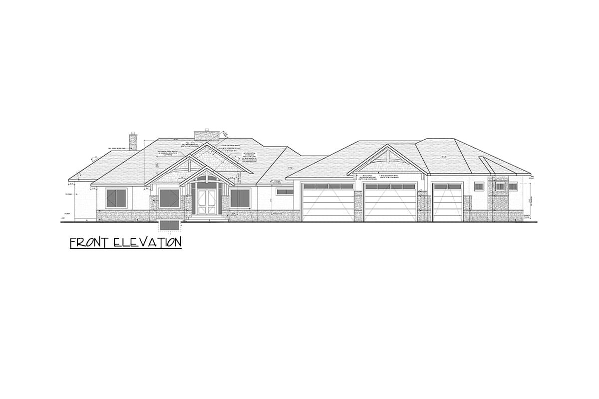 Front elevation house plan drawing showing a single-story home with a prominent gabled entrance, stone accents, and a triple-car garage.