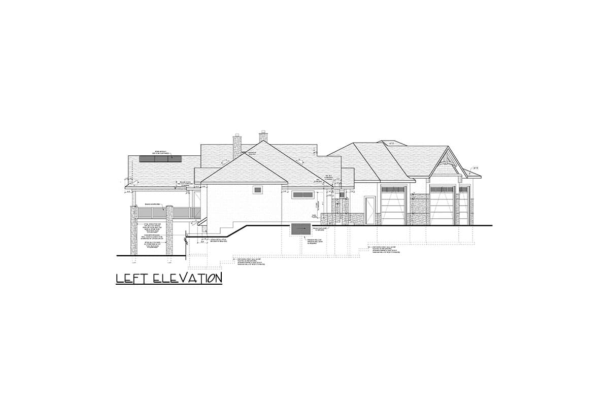 Left elevation architectural drawing of a house with multiple gables, a covered porch, and a three-car garage.