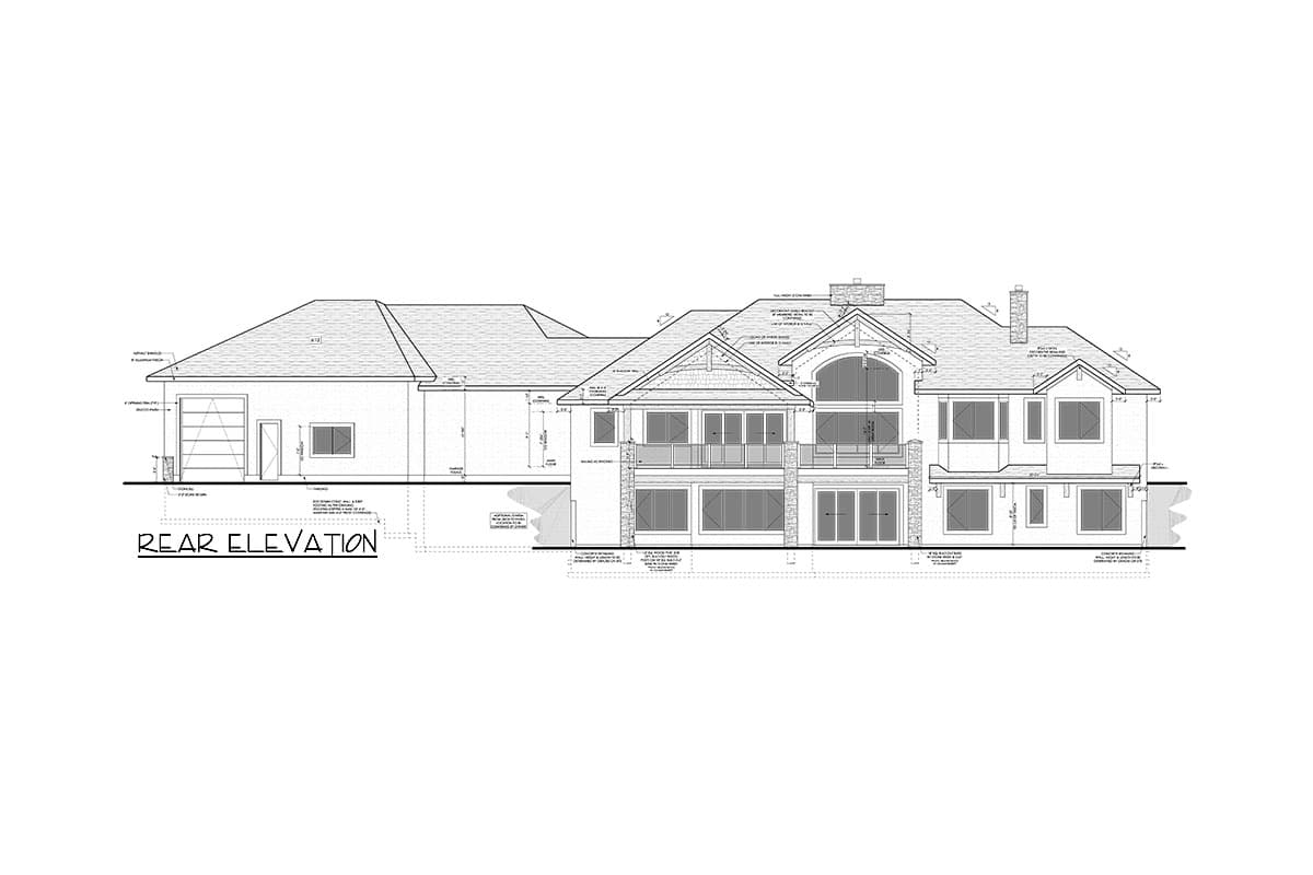 Rear elevation drawing of a large house with a two-car garage, multiple levels, large windows, and stone accents.
