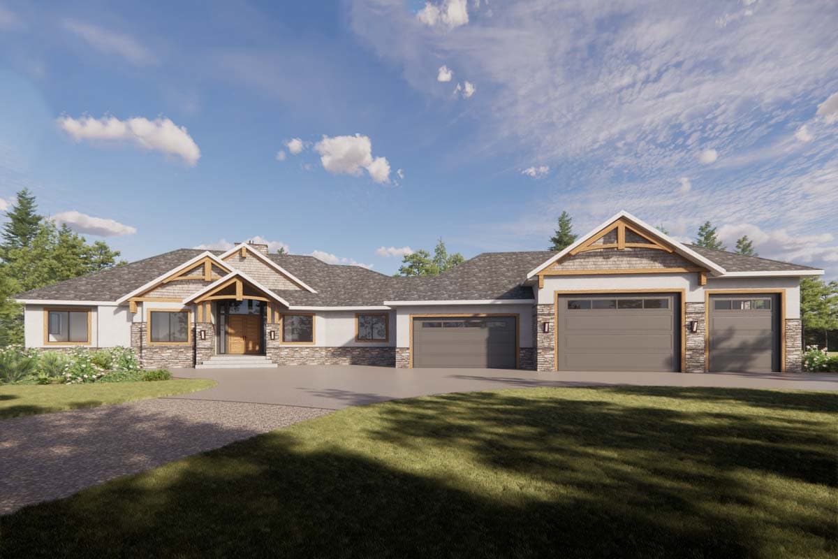 House plan exterior featuring a Craftsman style, single-story design, with a covered entry, gables, and a three-car garage.