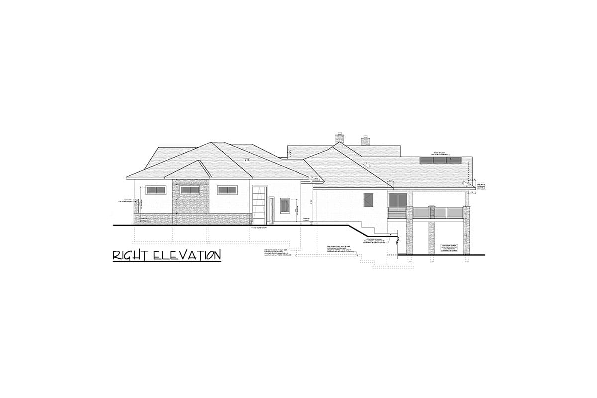 Right elevation house plan drawing showing a single-story home with multiple rooflines, stone accents, a covered porch, and a garage.