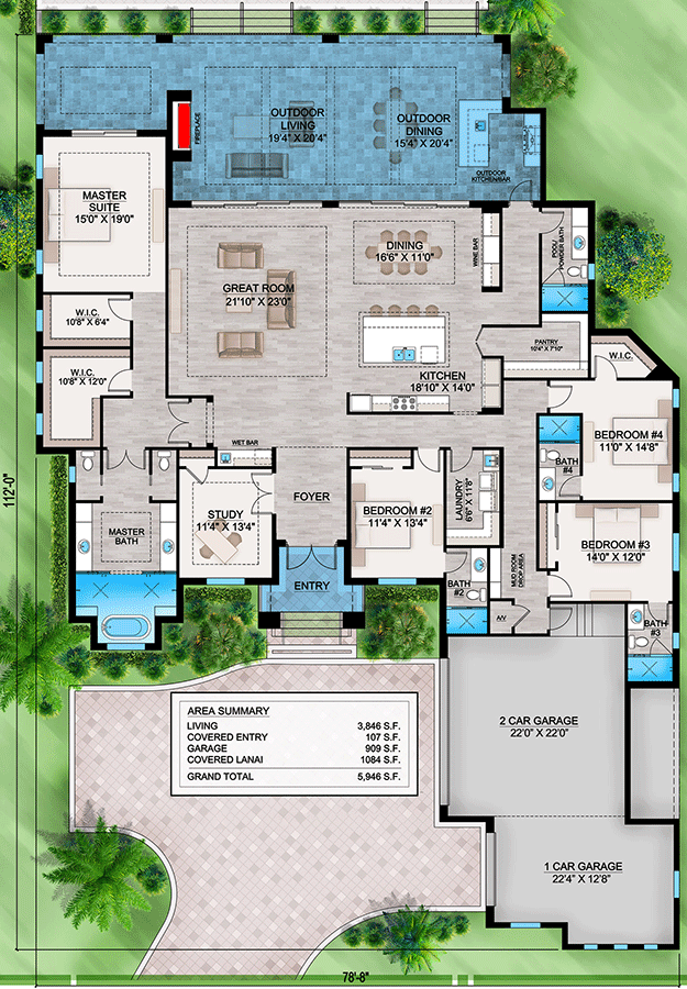 Plan 86123BW: One-Story Transitional House Plan with Outdoor Entertaining Space - 3846 Sq Ft - Floor Plan - Main Level - Coastal, European, Florida-Style, New American, Transitional