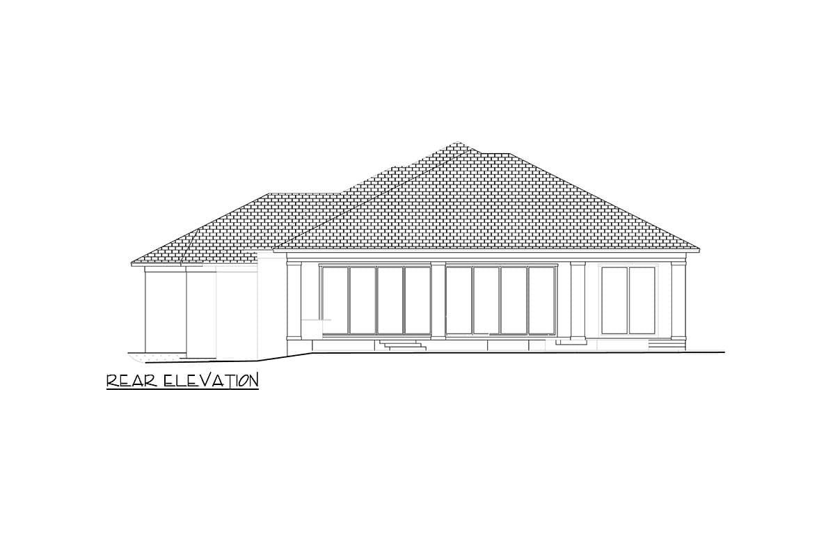 Rear elevation house plan showing a long row of windows and a covered patio area with a hipped roof.