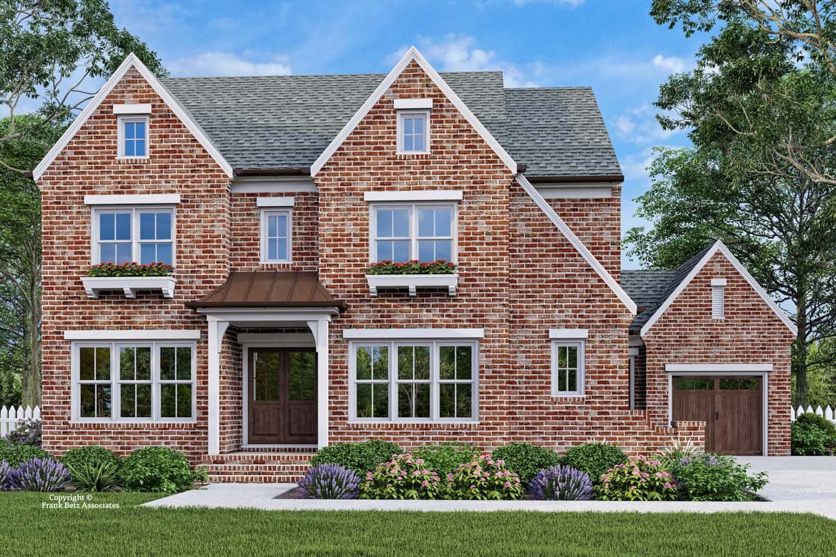 House plan exterior. Two-story brick home with gabled roof, dormers, and front porch. Attached garage has matching gable and wood door.