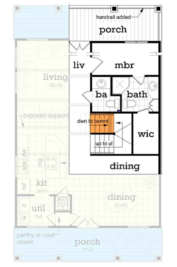 Plan 55233BR: Compact Cottage House Plan with 3 Beds and 2 Floors - Floor Plan - Basement Stairs Location - Cottage, Country