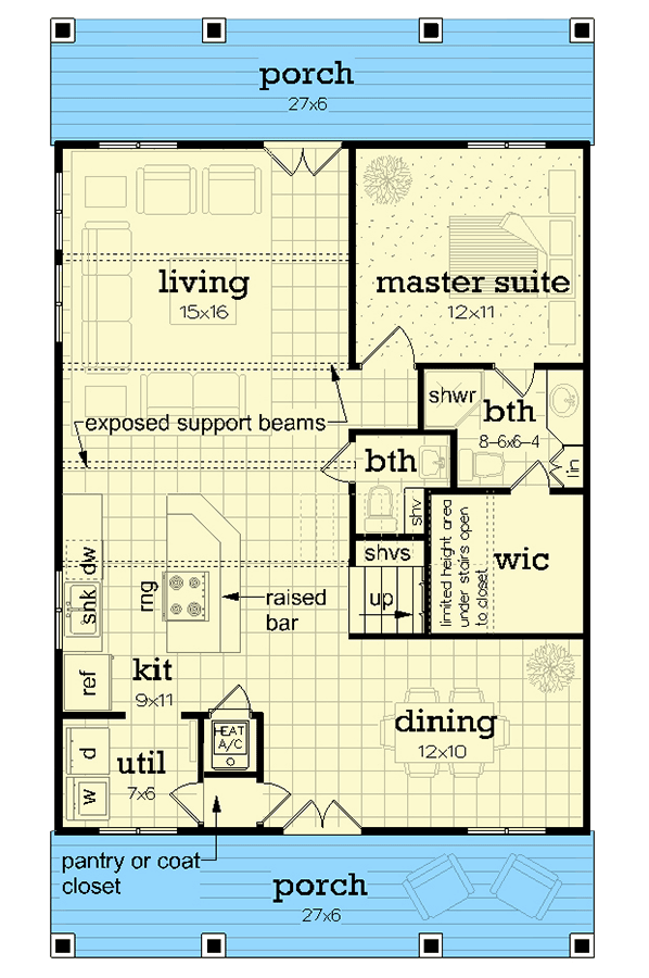 Plan 55233BR: Compact Cottage House Plan with 3 Beds and 2 Floors - Floor Plan - Main Level - Cottage, Country