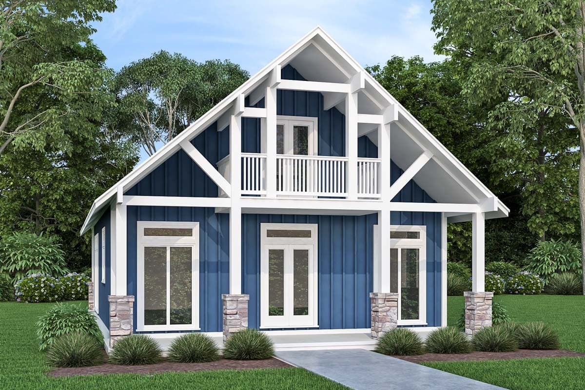 House plan exterior with two stories, board and batten siding, gable roof, front porch, and upper-level balcony with white trim accents.