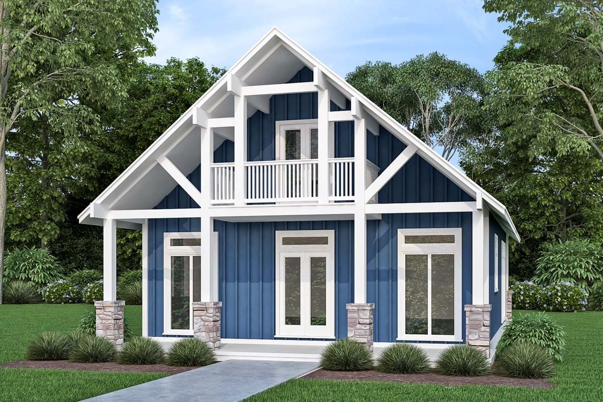 House plan exterior featuring a gabled roof, exposed beams, a second-story balcony, and stone-accented porch columns.