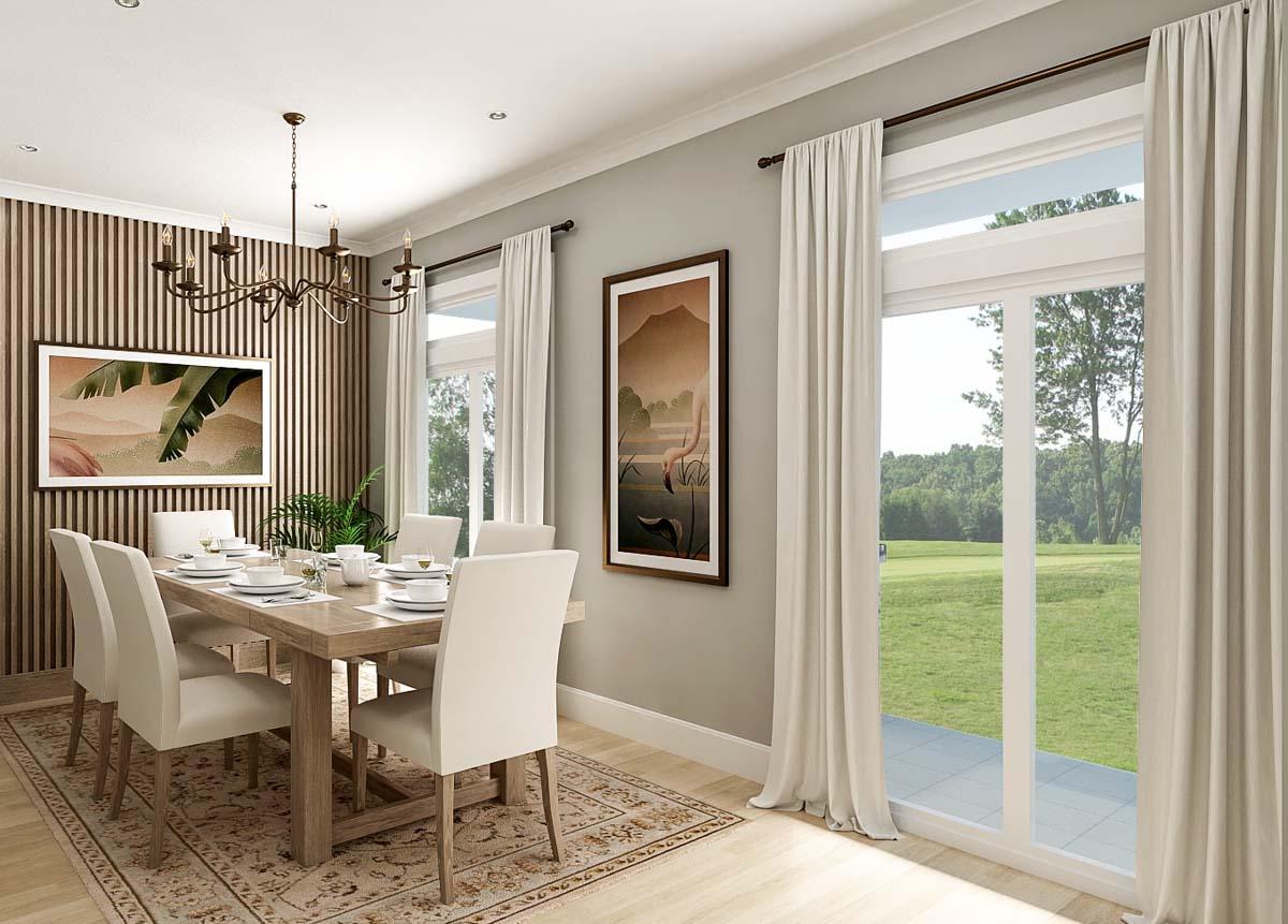 Interior rendering of a dining room with a wooden table, upholstered chairs, and large windows overlooking a golf course.