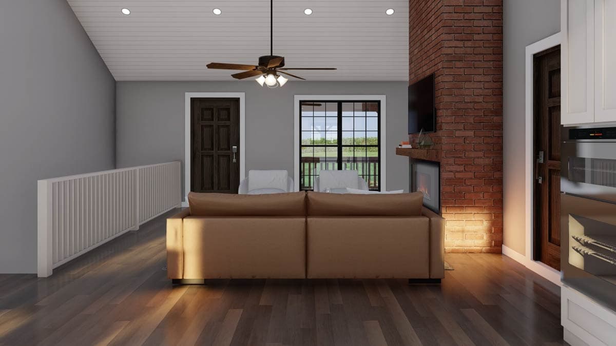 Interior rendering of a living area with a tan sofa, brick fireplace, ceiling fan, and wood floors.