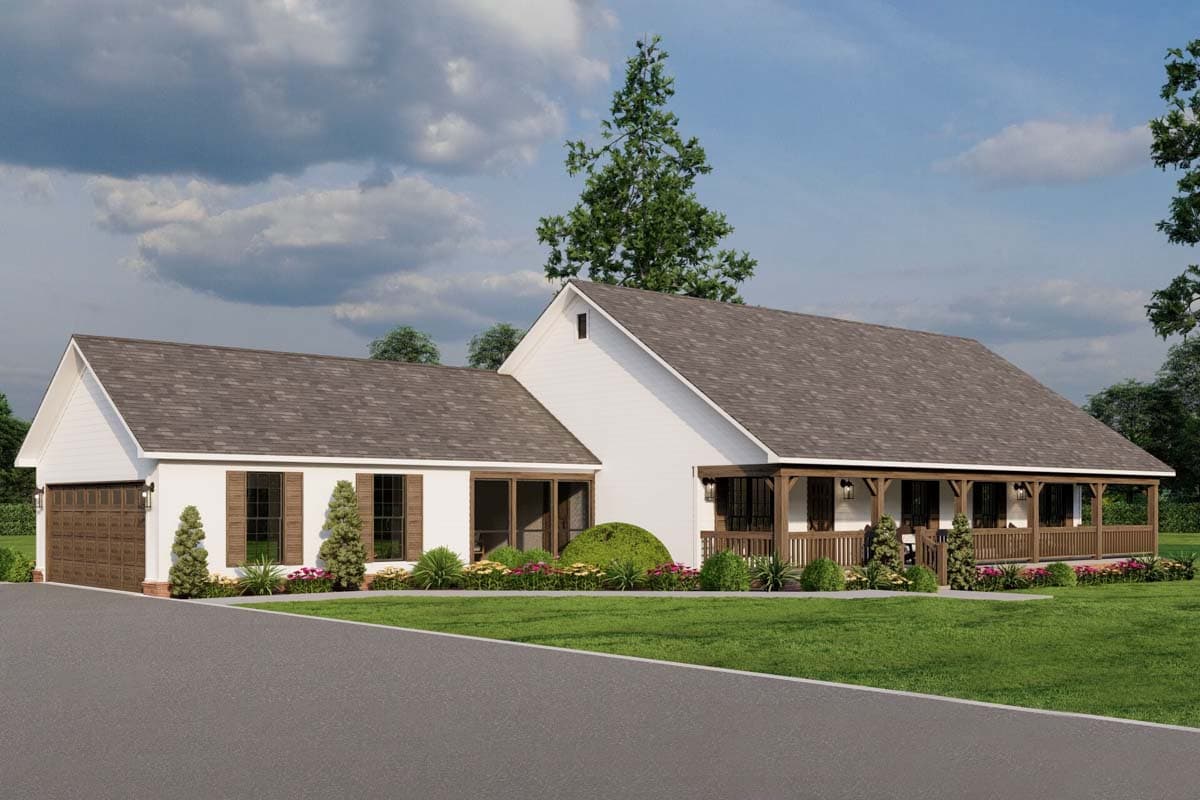 House plan exterior: one-story Modern Farmhouse with attached garage, wraparound porch, and gabled rooflines.
