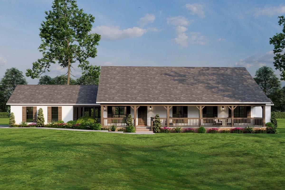 House plan exterior. Ranch style with a large front porch with exposed beams, symmetrical gabled roof, and shuttered windows.