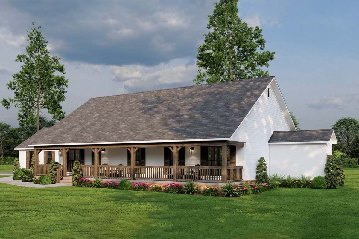 House plan exterior of a white, one-story Modern Farmhouse with a prominent wrap-around porch, gable roof, and attached garage.