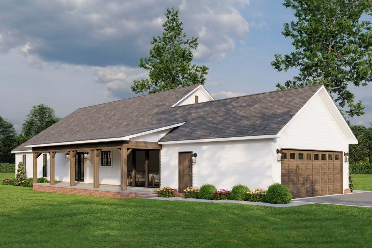 House plan exterior: Ranch style, covered front porch with exposed beams, gable roof, and attached two-car garage.