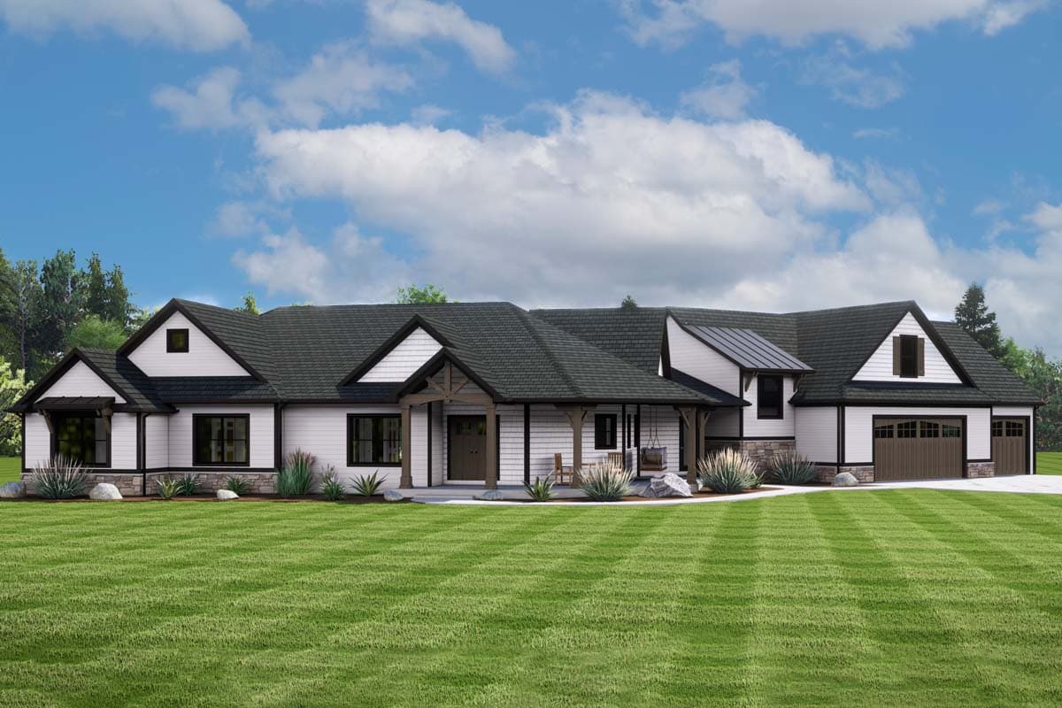 House plan exterior with Craftsman details. Features include a front porch, gables, and a garage with overhead doors. One-story structure.