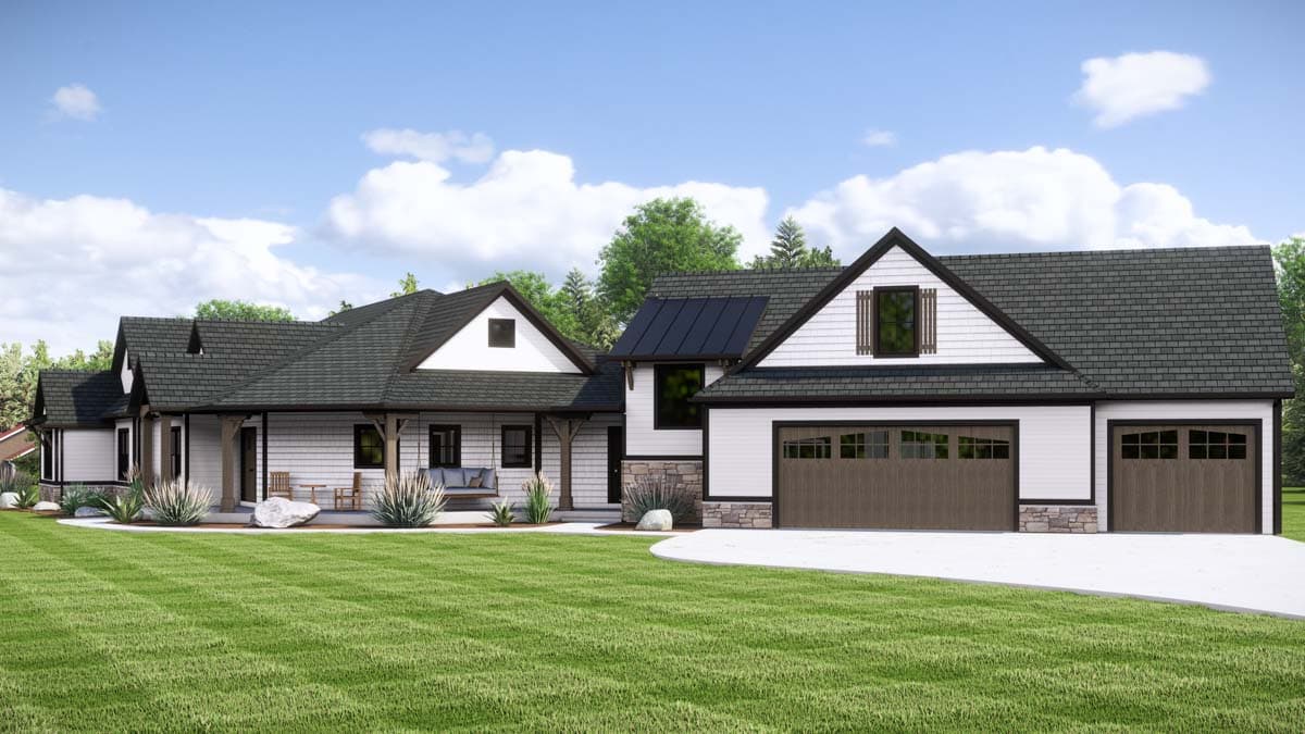 House plan exterior: Modern Farmhouse style, single-story with gabled rooflines, a covered front porch with timber posts, and a three-car garage.