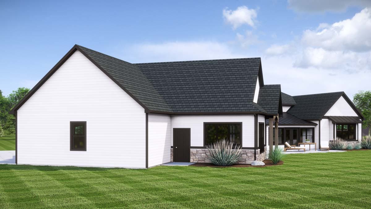 House plan exterior: one-story Modern Farmhouse with gables, stone accents, and a covered porch.