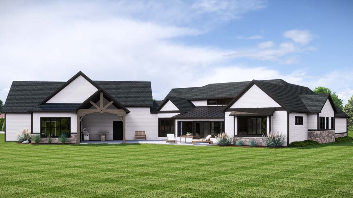 House plan exterior with a pitched roof, exposed rafter beams on covered patio, and stone accents.