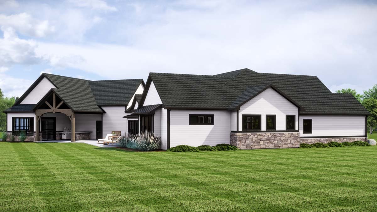 House plan exterior: Modern Farmhouse style, one story, with gabled roofs, stone foundation, and covered outdoor living space with grill.