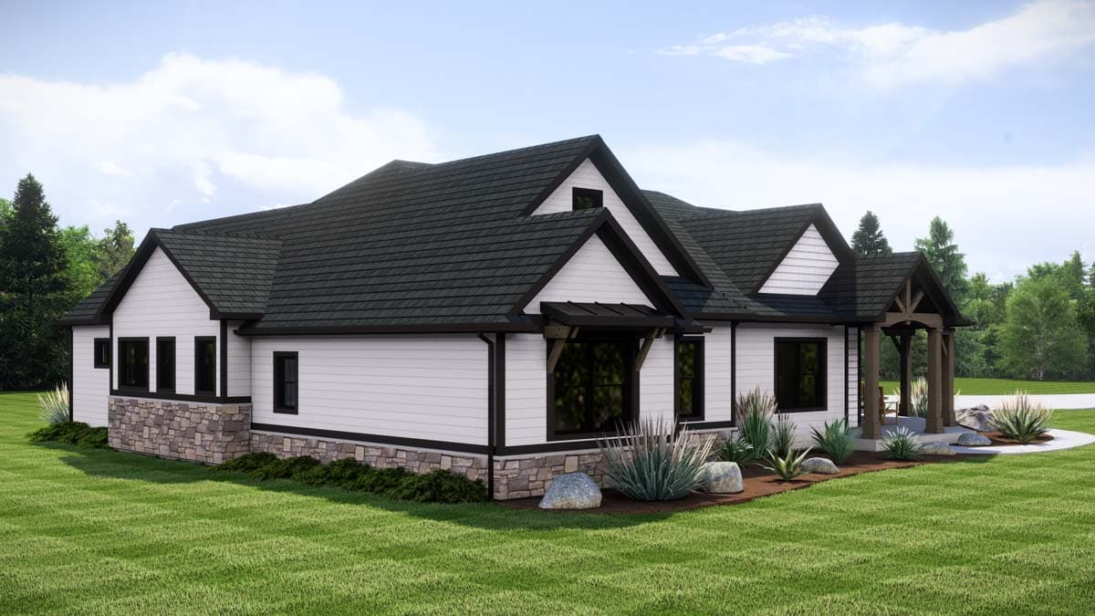 House plan exterior: Modern Farmhouse style, one-story with stone accents, prominent gables, and covered entry with wood beams.
