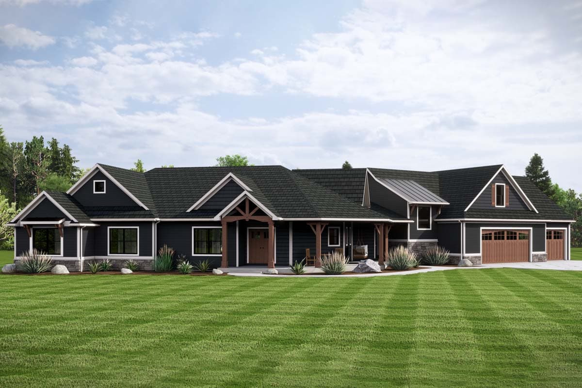 House plan exterior of one-story modern farmhouse with gabled roof, prominent beams on entry porch, and a three-car garage.